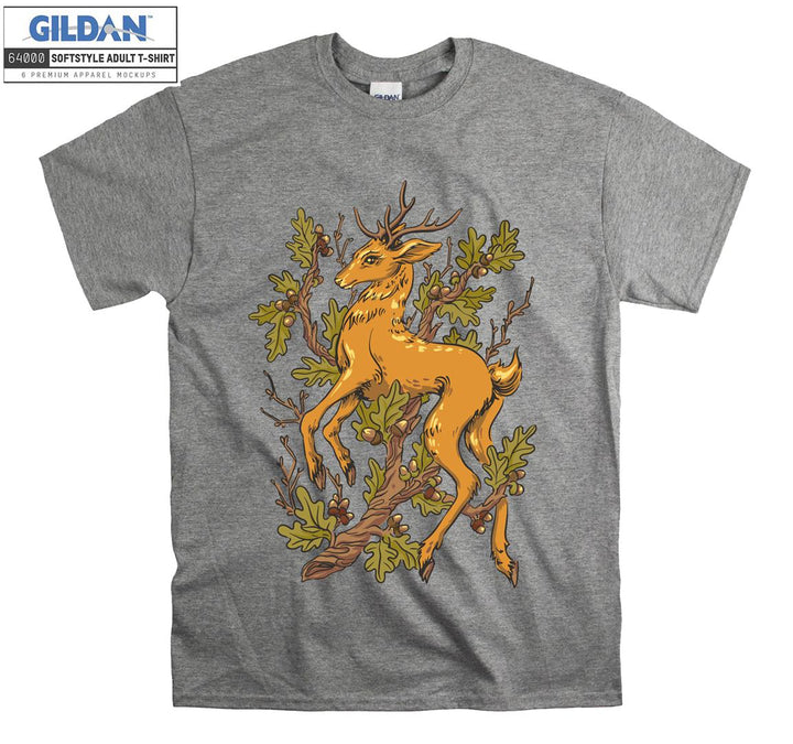 Brown Deer And Flowers Forest Theme T-shirt