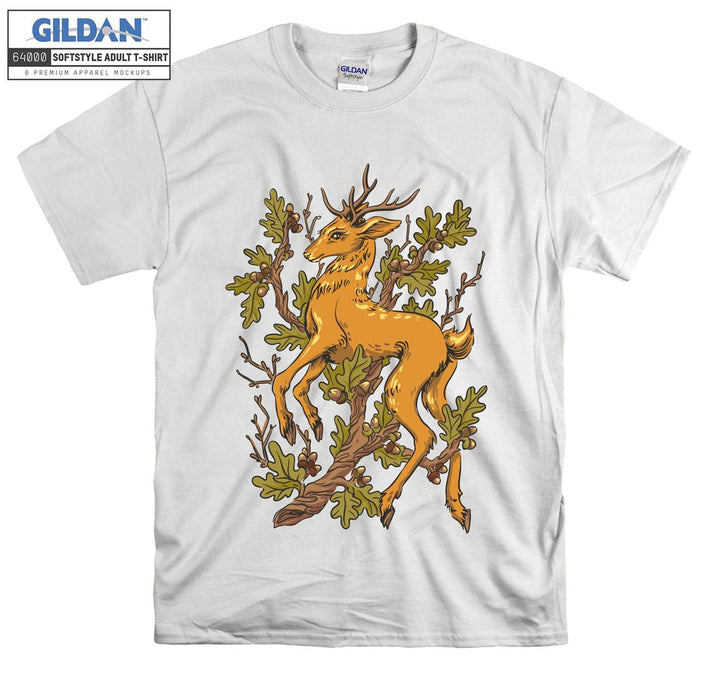 Brown Deer And Flowers Forest Theme T-shirt