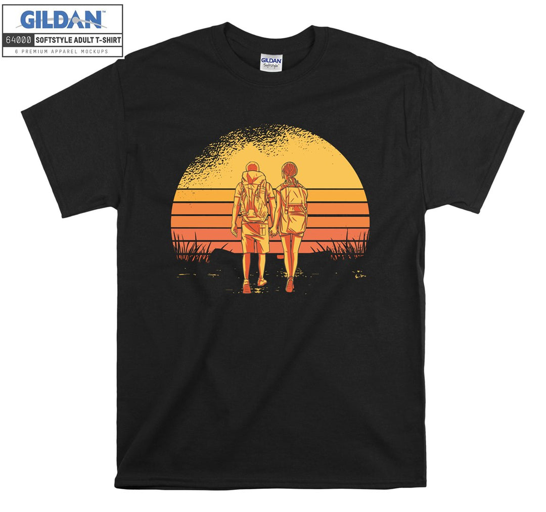 Couple hiking retro sunset T-shirt