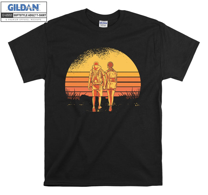 Couple hiking retro sunset T-shirt