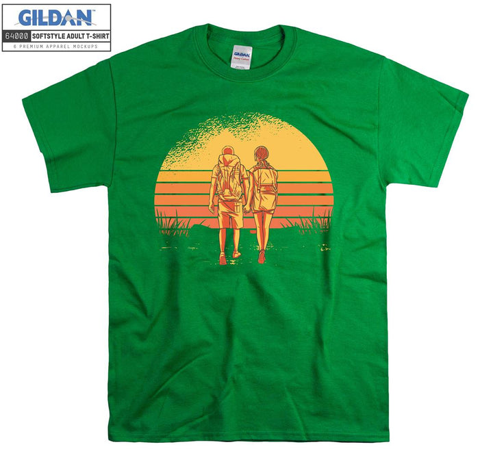 Couple hiking retro sunset T-shirt