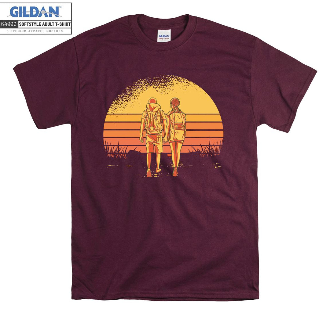 Couple hiking retro sunset T-shirt