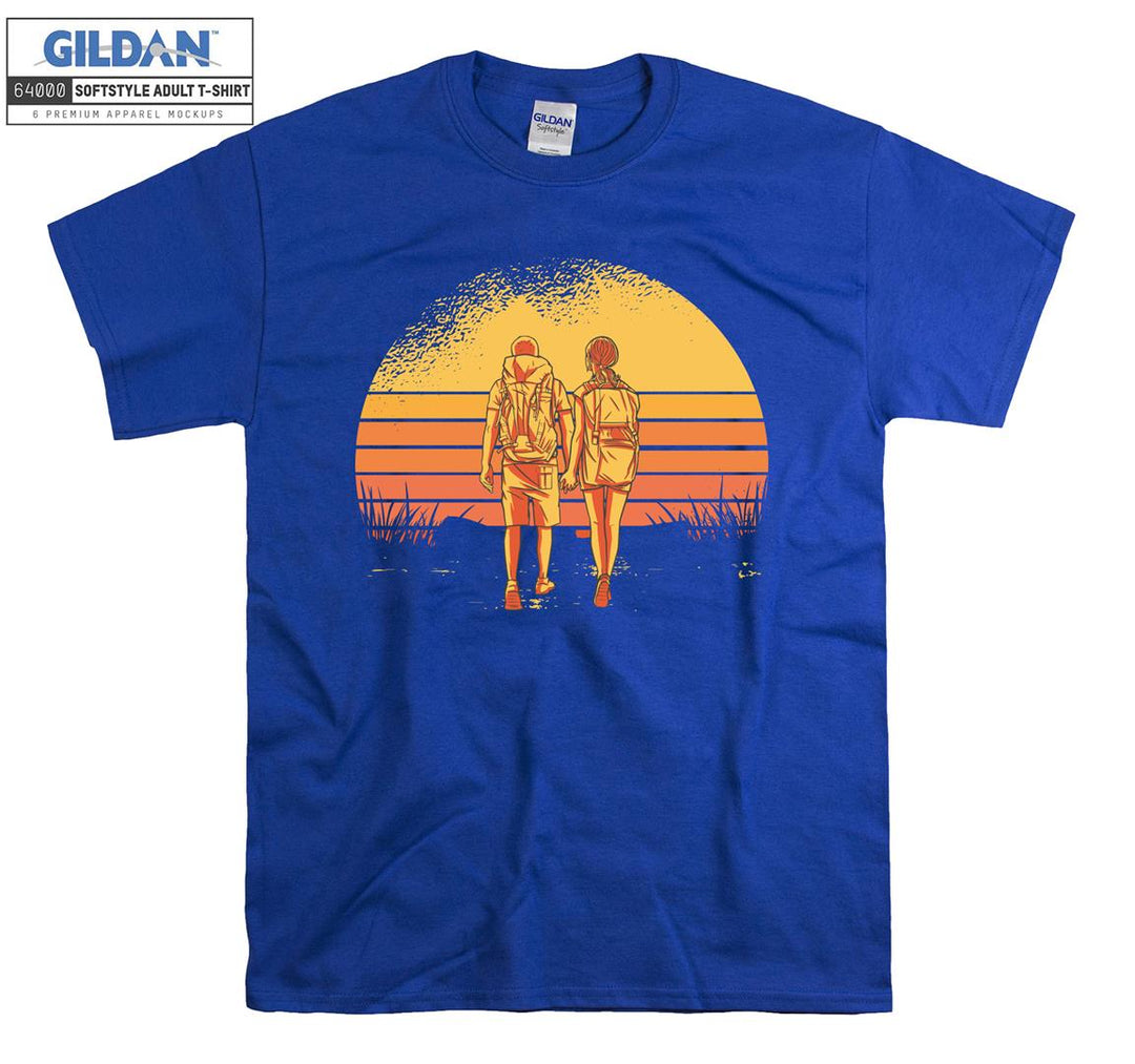 Couple hiking retro sunset T-shirt