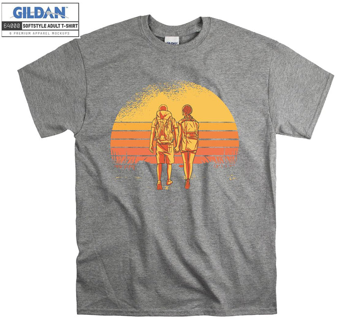 Couple hiking retro sunset T-shirt