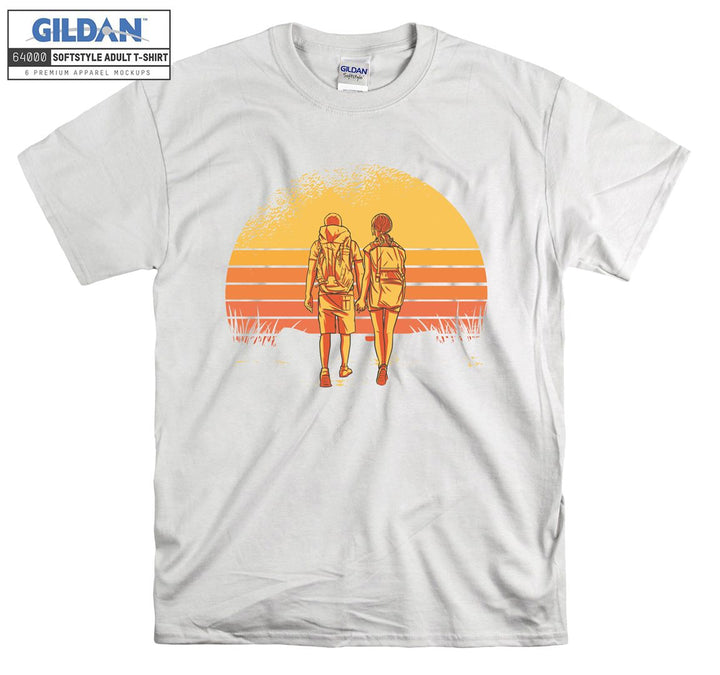 Couple hiking retro sunset T-shirt