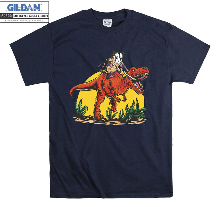 Raccoon Riding Red Dinosaur T-shirt