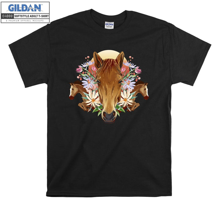 Brown Horses And Flowers Forest Theme T-shirt