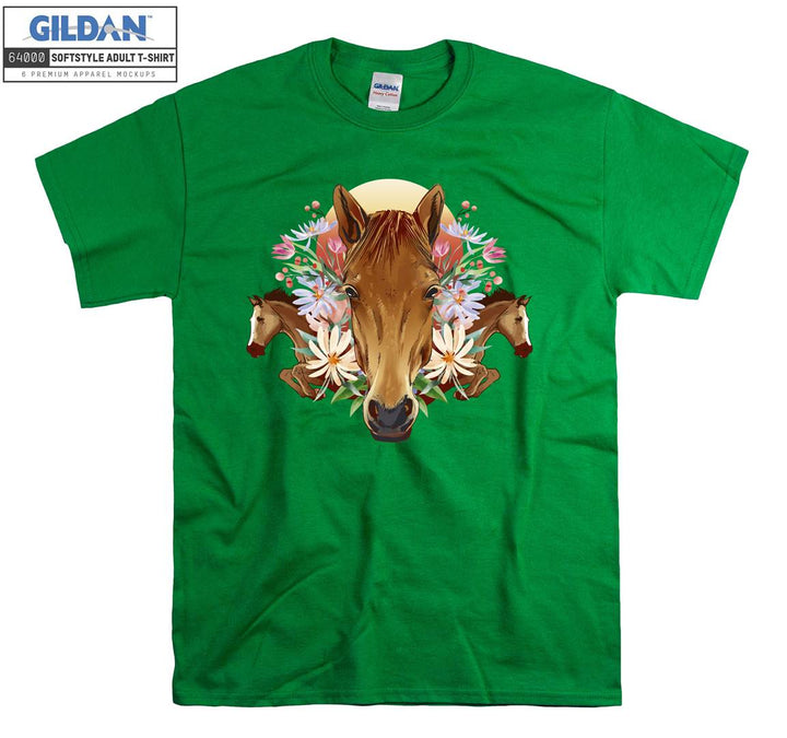 Brown Horses And Flowers Forest Theme T-shirt