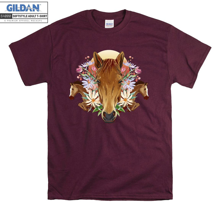 Brown Horses And Flowers Forest Theme T-shirt