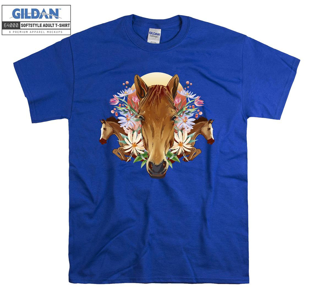 Brown Horses And Flowers Forest Theme T-shirt