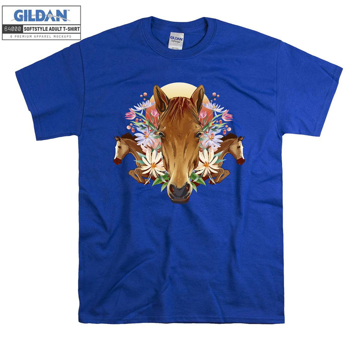 Brown Horses And Flowers Forest Theme T-shirt