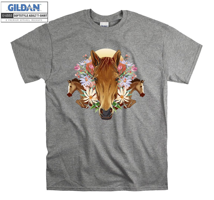 Brown Horses And Flowers Forest Theme T-shirt