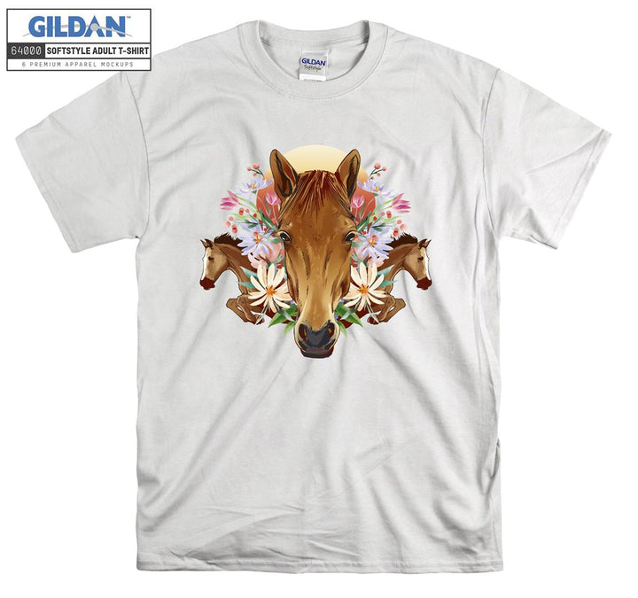 Brown Horses And Flowers Forest Theme T-shirt