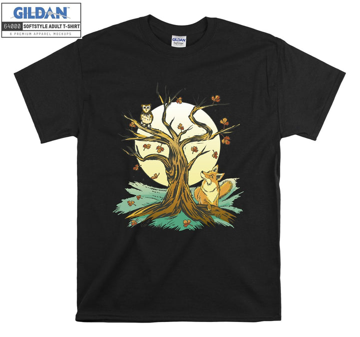 Owl Fox Tree And Moon Forest Theme T-shirt