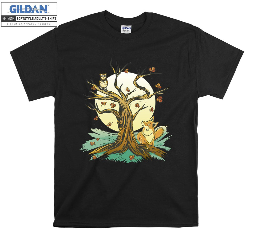 Owl Fox Tree And Moon Forest Theme T-shirt