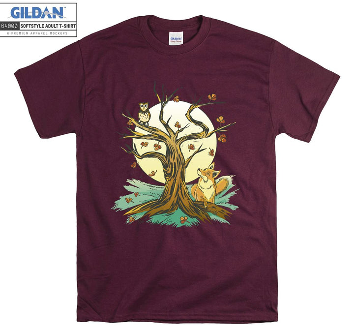 Owl Fox Tree And Moon Forest Theme T-shirt