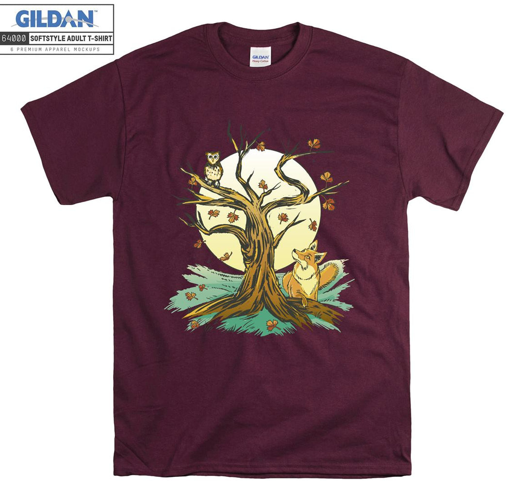 Owl Fox Tree And Moon Forest Theme T-shirt