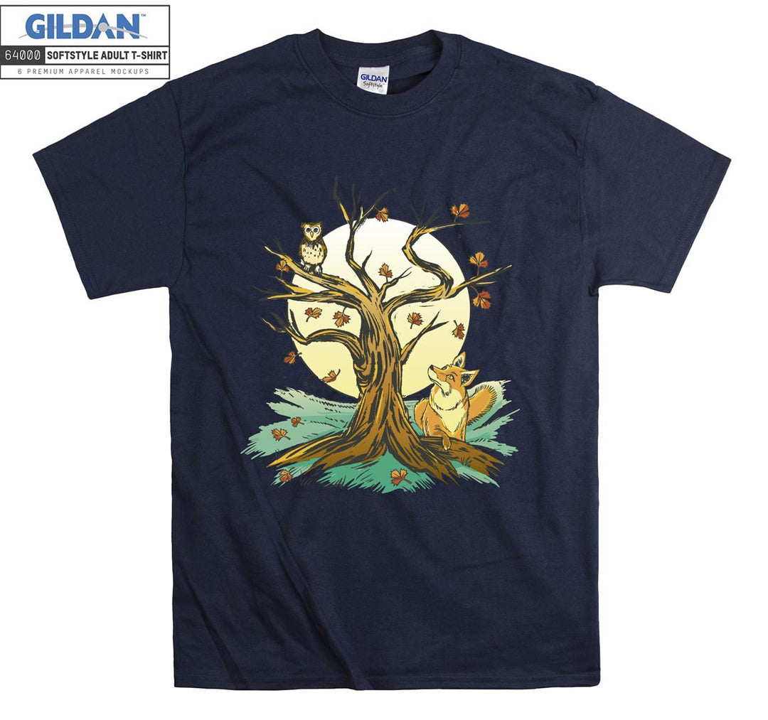 Owl Fox Tree And Moon Forest Theme T-shirt