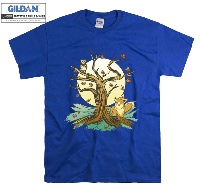 Owl Fox Tree And Moon Forest Theme T-shirt