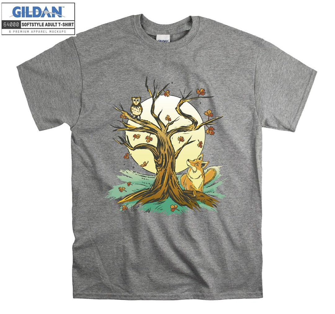 Owl Fox Tree And Moon Forest Theme T-shirt