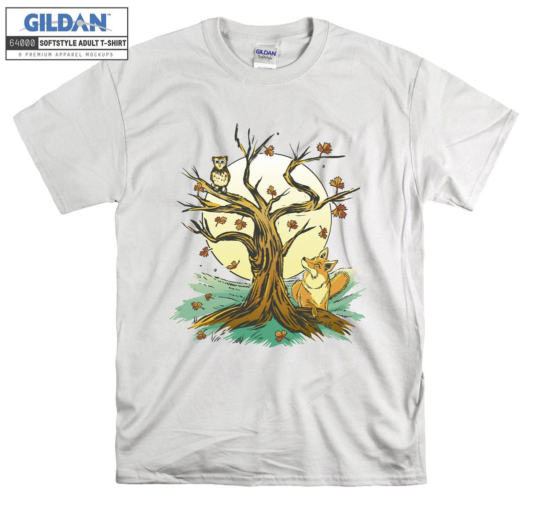 Owl Fox Tree And Moon Forest Theme T-shirt