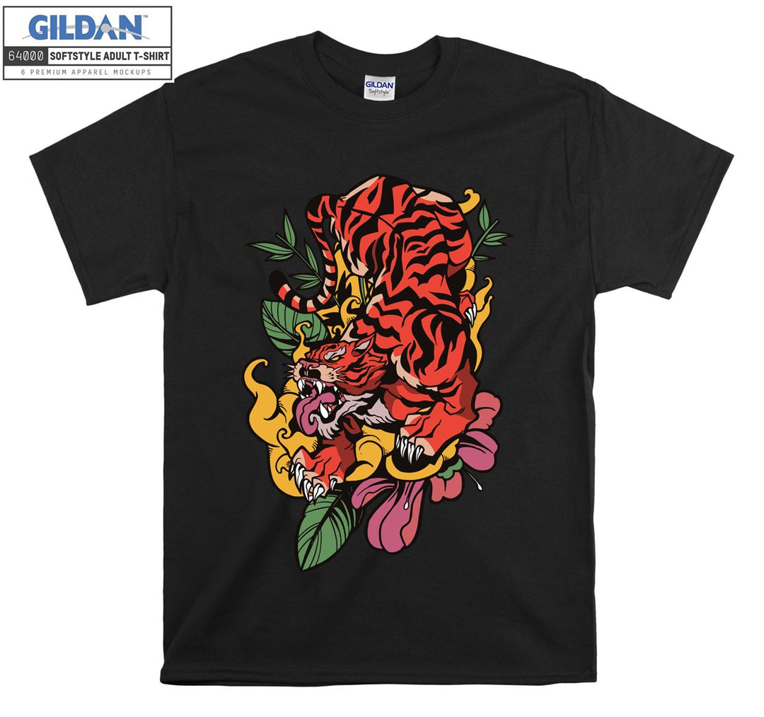 Roaring Red Tiger With Flowers T-shirt