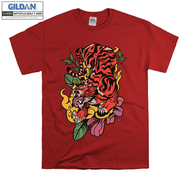 Roaring Red Tiger With Flowers T-shirt