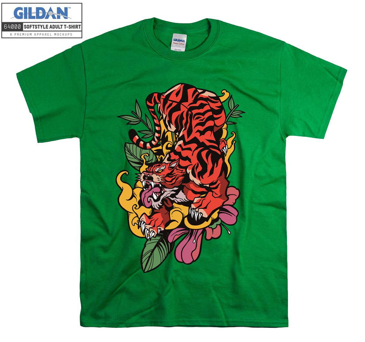 Roaring Red Tiger With Flowers T-shirt