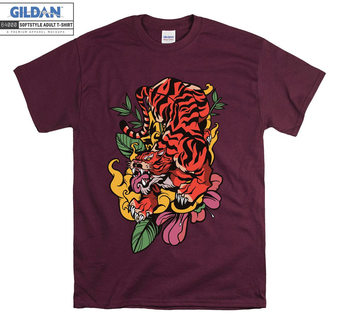 Roaring Red Tiger With Flowers T-shirt