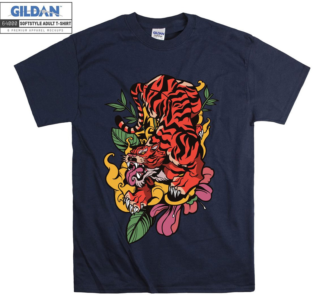 Roaring Red Tiger With Flowers T-shirt