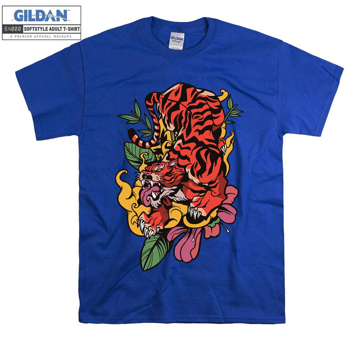 Roaring Red Tiger With Flowers T-shirt