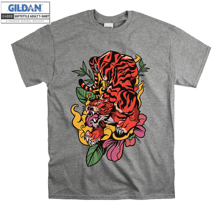 Roaring Red Tiger With Flowers T-shirt