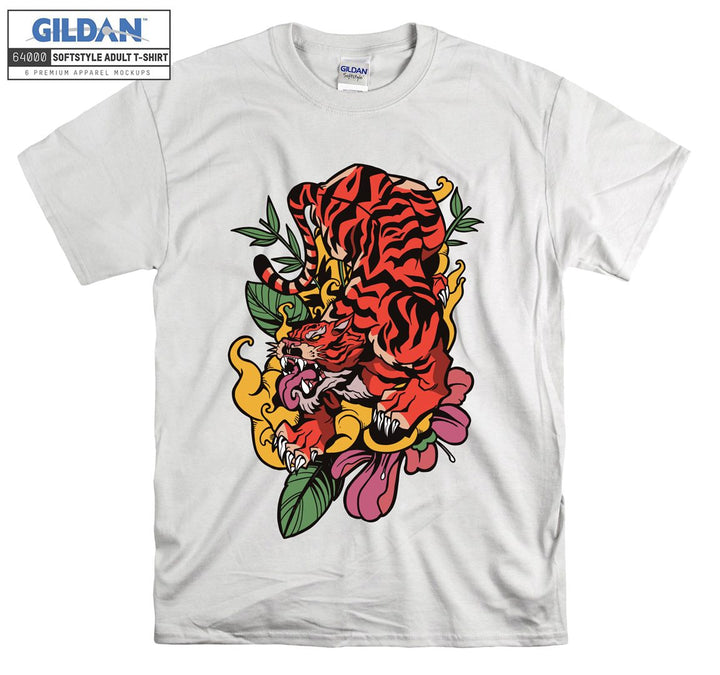 Roaring Red Tiger With Flowers T-shirt