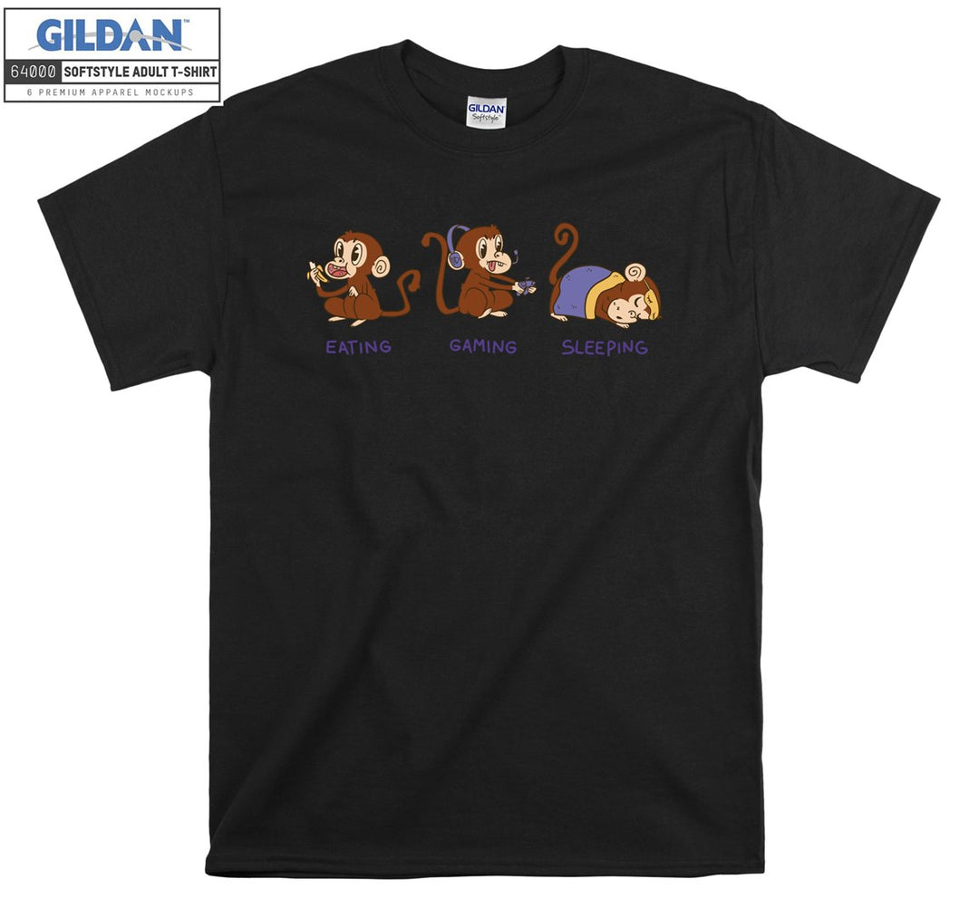 Theree Monkeys Eating Gaming Sleeping T-shirt