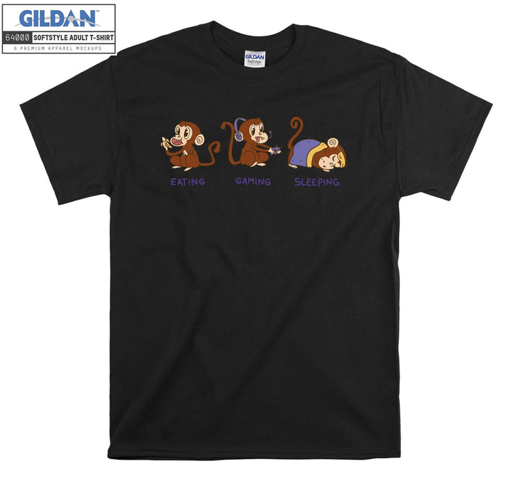 Theree Monkeys Eating Gaming Sleeping T-shirt