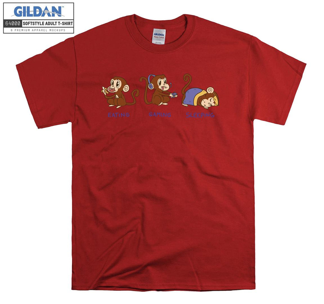 Theree Monkeys Eating Gaming Sleeping T-shirt