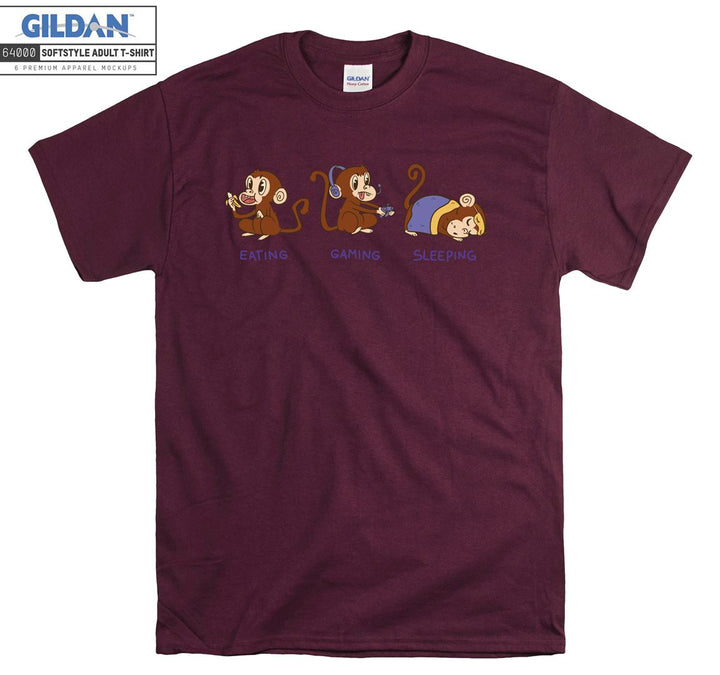 Theree Monkeys Eating Gaming Sleeping T-shirt