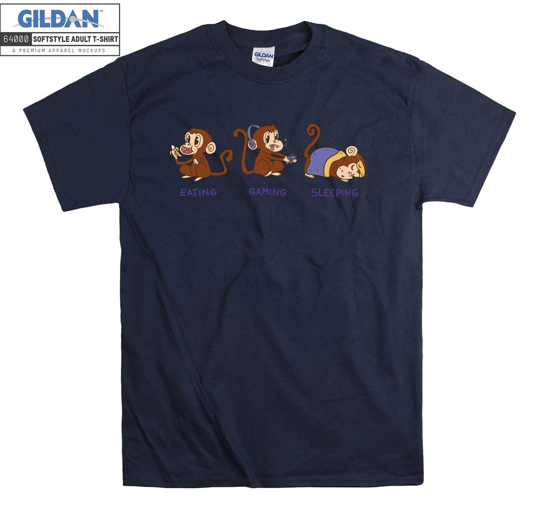 Theree Monkeys Eating Gaming Sleeping T-shirt