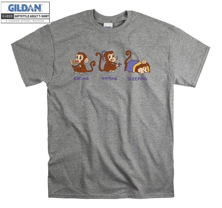 Theree Monkeys Eating Gaming Sleeping T-shirt