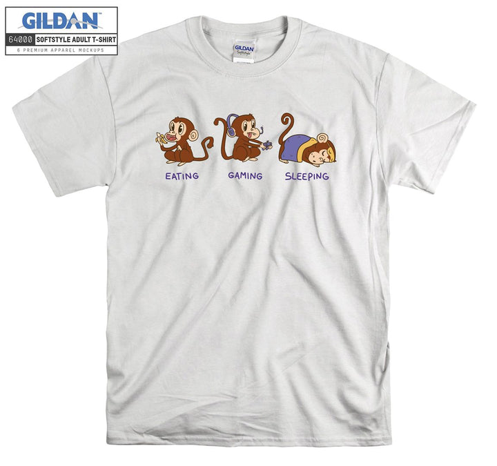 Theree Monkeys Eating Gaming Sleeping T-shirt