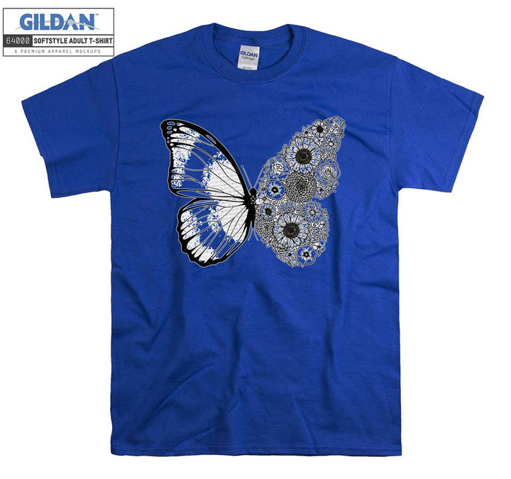 Butterfly And Flowers Black Theme T-shirt