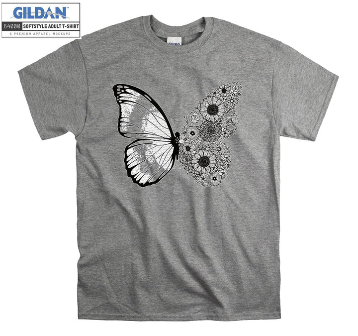 Butterfly And Flowers Black Theme T-shirt