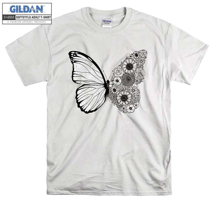 Butterfly And Flowers Black Theme T-shirt