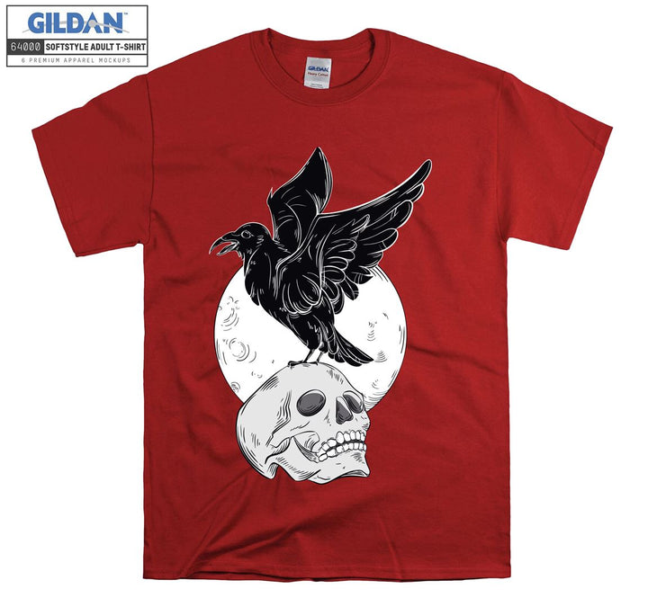 Horror skull on the moon with black bird T-shirt