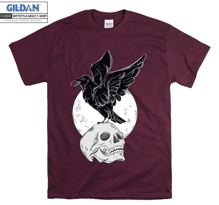 Horror skull on the moon with black bird T-shirt