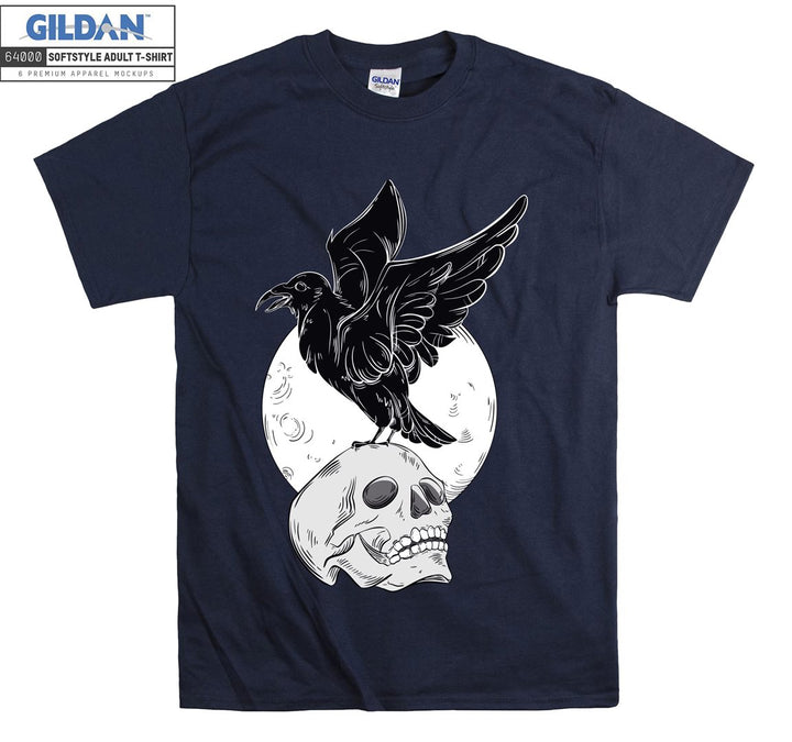 Horror skull on the moon with black bird T-shirt