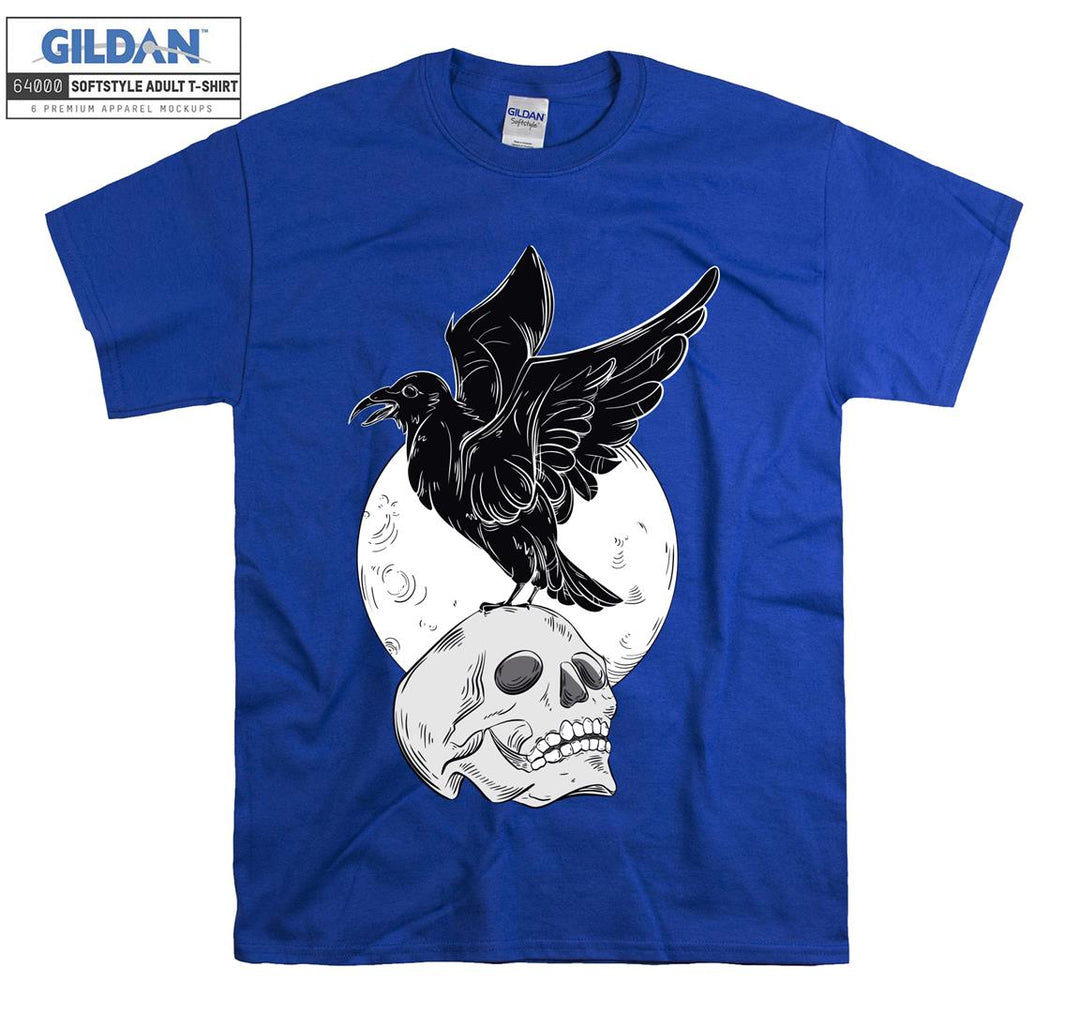 Horror skull on the moon with black bird T-shirt