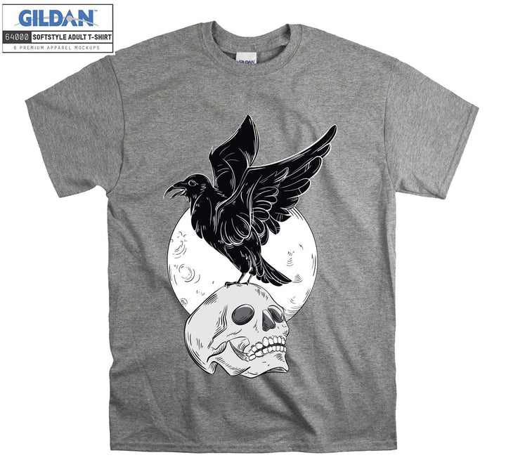 Horror skull on the moon with black bird T-shirt