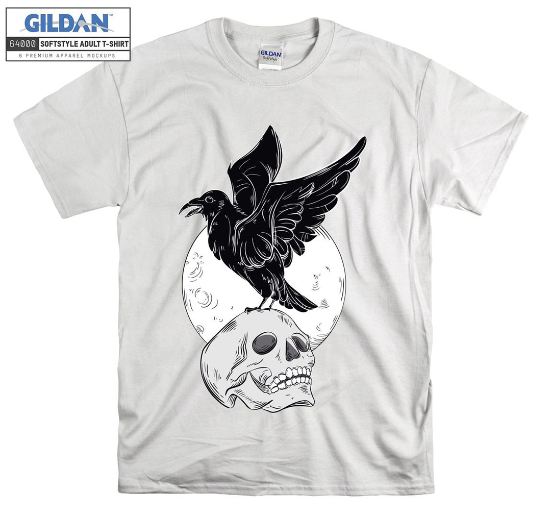 Horror skull on the moon with black bird T-shirt