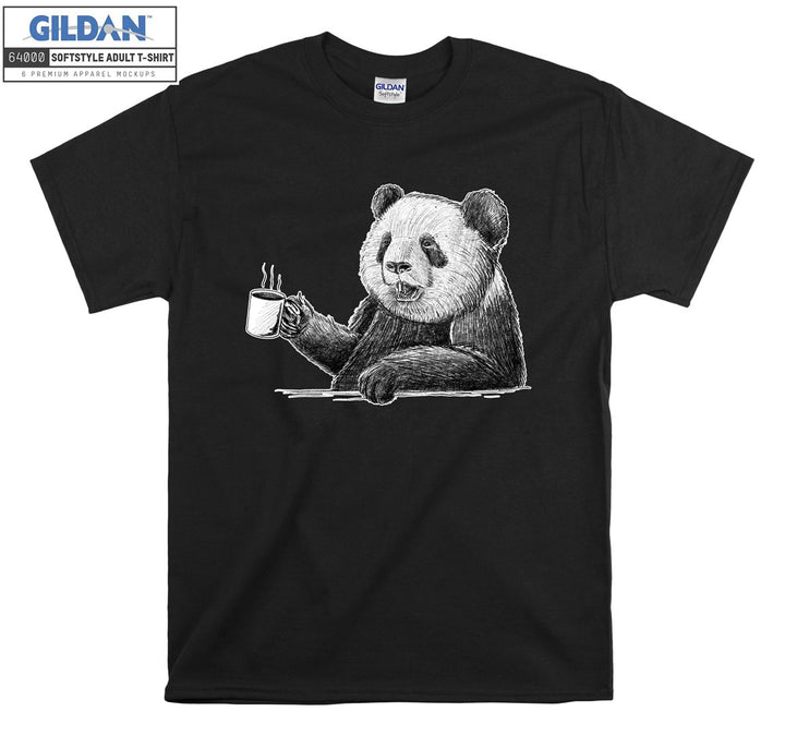 Cute Panda Drinking Coffee Black Theme T-shirt